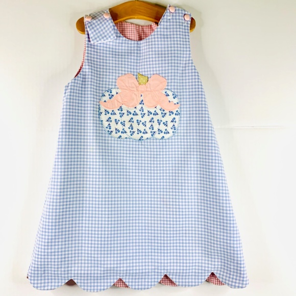 Christmas Santa/Pumpkin red/blue Gingham reversible A-line scallop jumper dress - Picture 3 of 14